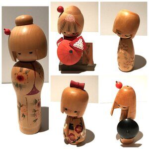 Collectible Lot Vintage Japanese Kokeshi Hand-Painted Signed Wooden Dolls 5pcs